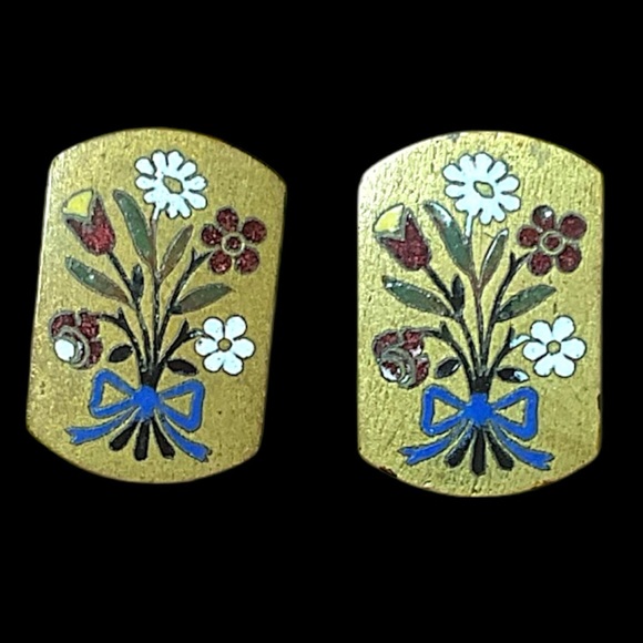 Antique Enamel Screw Back Flower Earrings